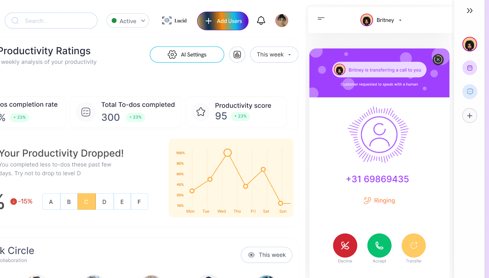 Incoming call handled by the phone agent beside the productivity dashboard