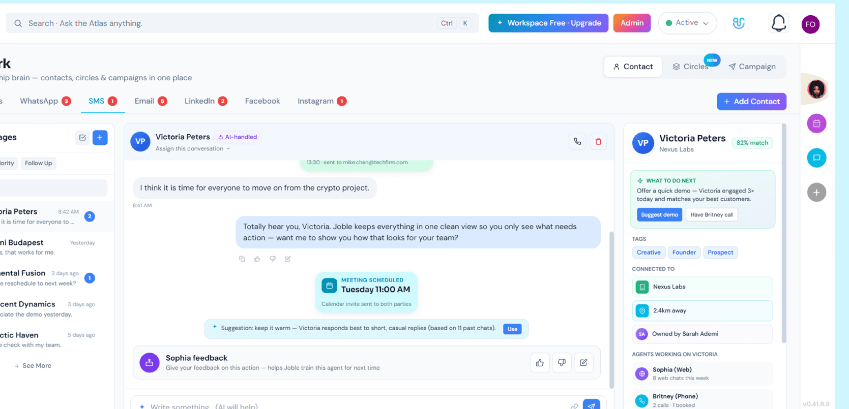 SMS conversations in the Joble network view